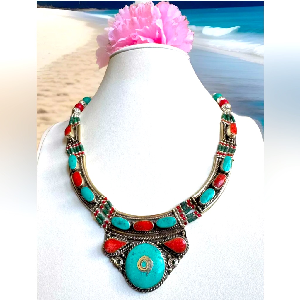 Handcrafted Tribal Theme Pendant Necklace Inlay With Stones Set In Silver 127grm